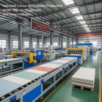 สายการผลิตบอร์ด MgO สีปรับได้ เสนอความกว้างบอร์ด 1220 มม. หรือปรับแต่งได้ เหมาะสำหรับการผลิตผนังบอร์ด