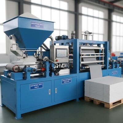 เครื่องทำแผ่น MGO อัตโนมัติเต็มรูปแบบสีน้ำเงิน วัตถุดิบที่ใช้คือเพอร์ไลต์ ออกแบบมาสำหรับการทำงานต่อเนื่องและแผ่นบอร์ดที่สม่ำเสมอ